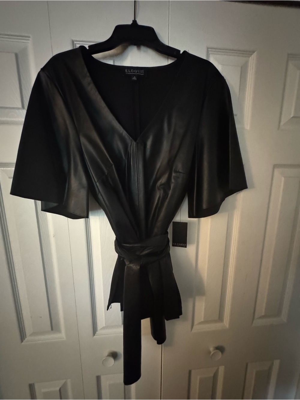Eloquii Black Faux-Leather V-Neck Top with Belt